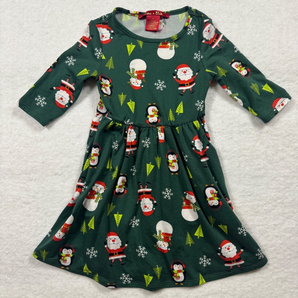 Emma‎ & Elsa Girls Green Christmas Santa Snowman Penguin Dress 2T